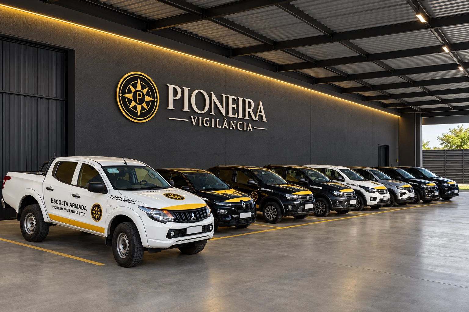 Frota da Pioneira Vigilância com identidade visual da empresa, em cenário personalizado