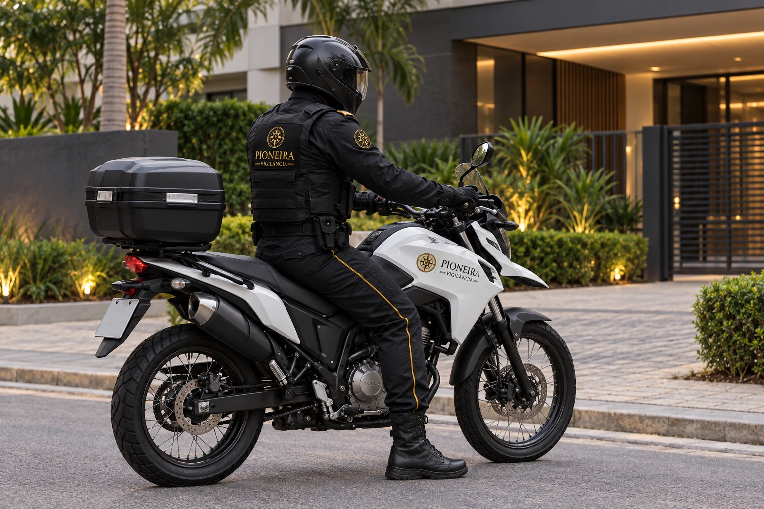 Composição ilustrativa de profissional montado em moto com a identidade visual da Pioneira Vigilância